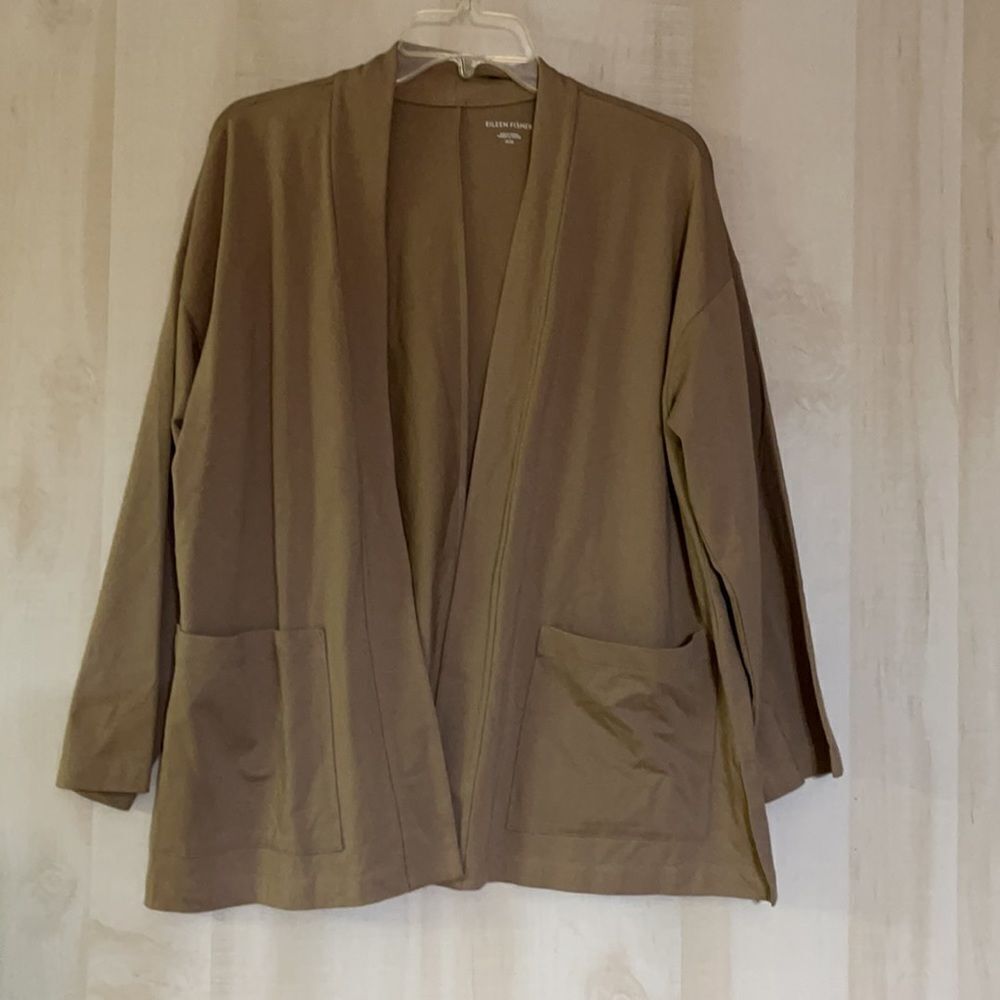 Eileen Fisher High Collar Jacket‎ in driftwood color, medium